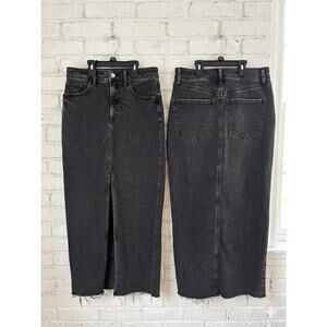 Express High Waisted Denim Maxi Skirt Black Wash Front Slit Raw Hem Sz 4 Y2K